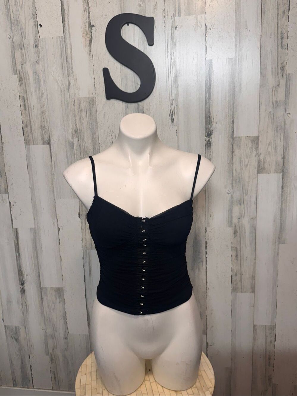 Moa Moa Black Ruched Mesh Hook & Eye Corset Cami Tank Top Womens Small S